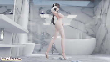 3D animated Azur Lane Zhenhei in a TikTok style nude dance video.