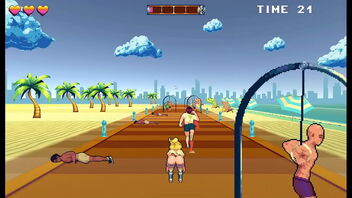 A sexy roller skating girl and a group of muscular men engage in outdoor BDSM in an anime-style video game.