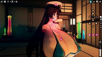 Half-human, half-train character with big boobs in a Japanese-style hentai game.