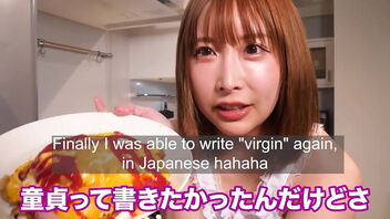 A kinky Japanese housewife prepares an omelet and rice while completely naked.